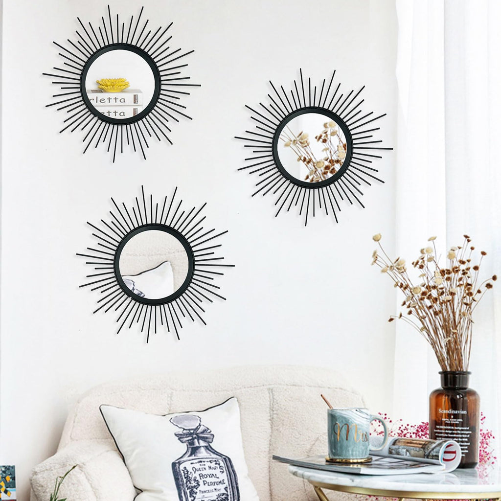 3 Pack Metal Mirrors for Wall Sunburst Wall Mirrors Home Décor Decorative Hanging Wall Art for Living Room Bedroom Entryway (Gold, Flower+Sunburst)