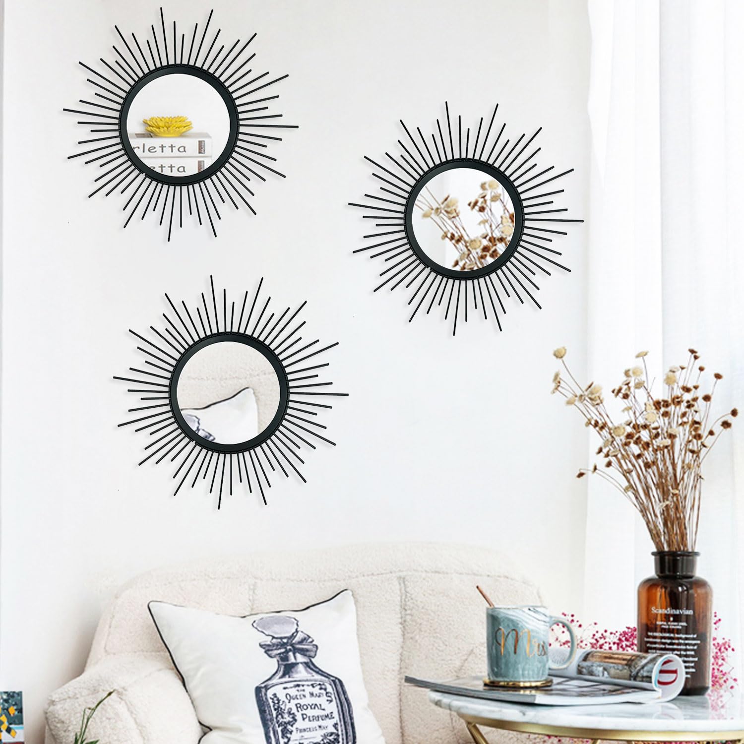3 Pack Metal Mirrors for Wall Sunburst Wall Mirrors Home Décor Decorative Hanging Wall Art for Living Room Bedroom Entryway (Gold, Flower+Sunburst)
