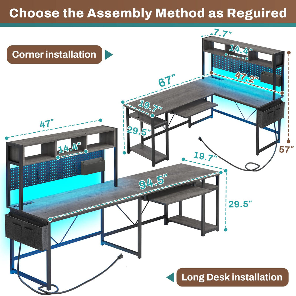 SEDETA L Shaped Gaming Desk, Reversible Computer Desk with Power Outlet and Pegboard, Gaming Desk with Led Lights, Keyboard Tray and Storage Bag for Home Office, Black