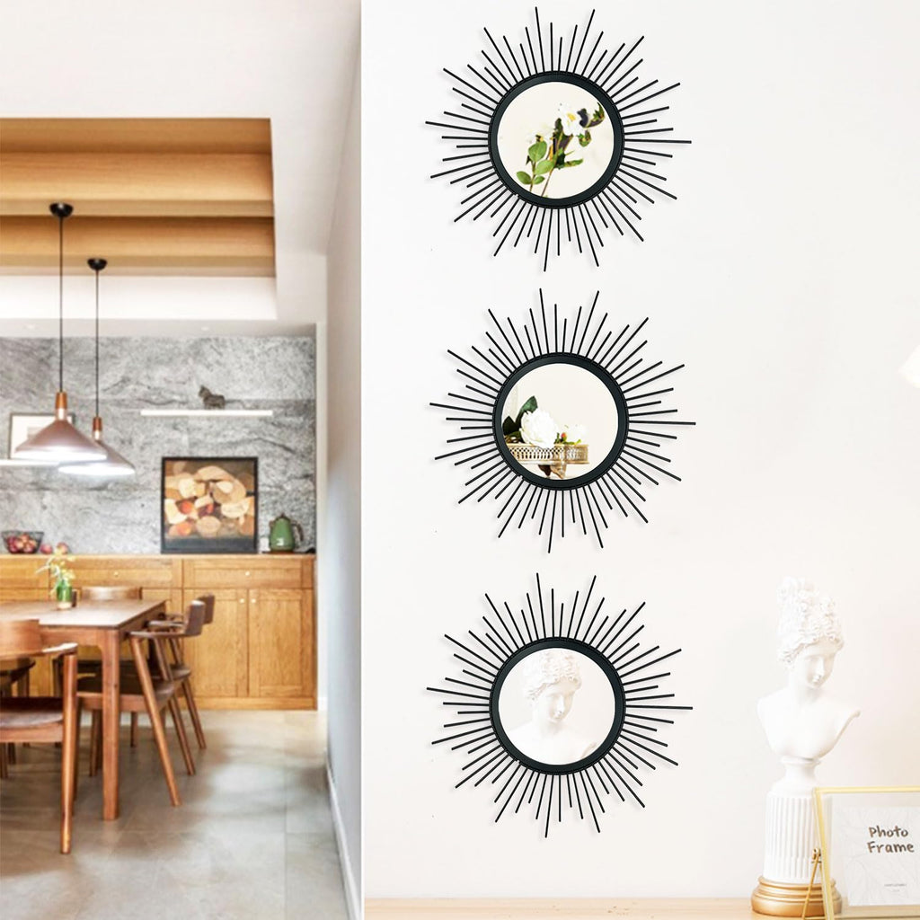 3 Pack Metal Mirrors for Wall Sunburst Wall Mirrors Home Décor Decorative Hanging Wall Art for Living Room Bedroom Entryway (Gold, Flower+Sunburst)