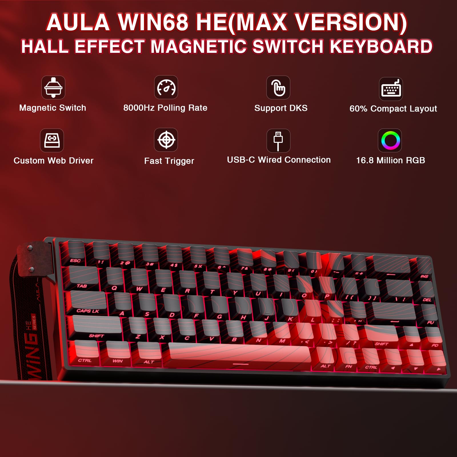 AULA WIN68 HE Mechanical Gaming Keyboard 60%, Hall Effect Magnetic Switch, Fast Trigger Mode Adjustable Actuation, 8000Hz Polling Rate, RGB Backlit, Wired Black Keyboard for Laptop/PC Gamer