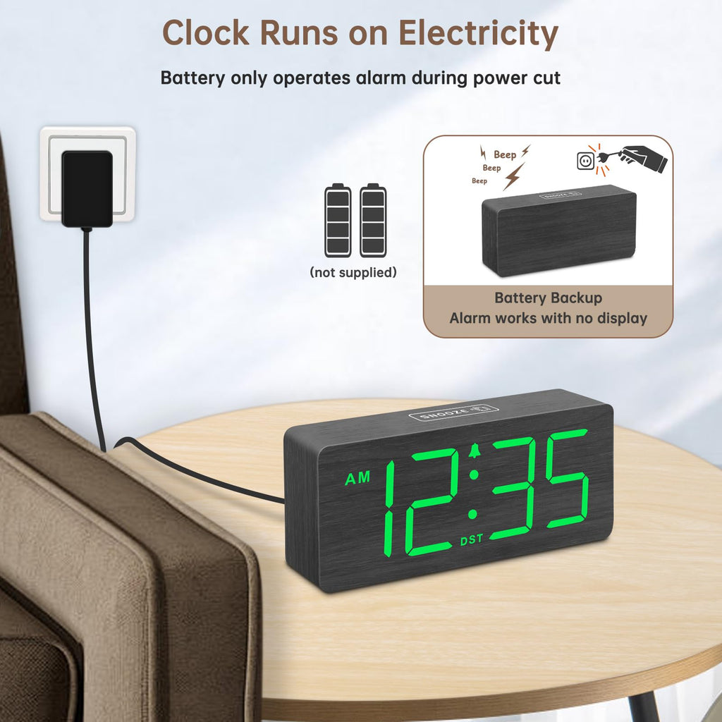 DreamSky Wooden Digital Alarm Clock for Bedroom - Desk Clock for Living Room with Large Numbers, Dimmer, Loud Alarm for Heavy Sleepers with Volume Control, DST, Office Wood Decor (Plug in Clock)