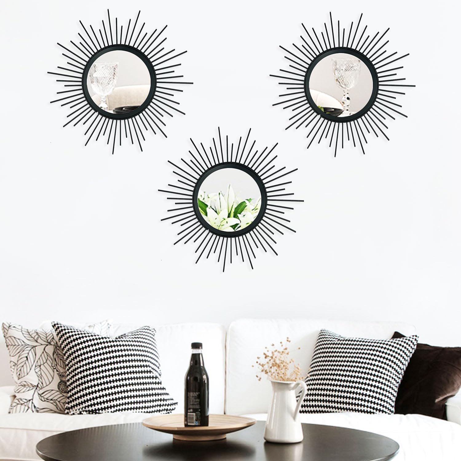 3 Pack Metal Mirrors for Wall Sunburst Wall Mirrors Home Décor Decorative Hanging Wall Art for Living Room Bedroom Entryway (Gold, Flower+Sunburst)