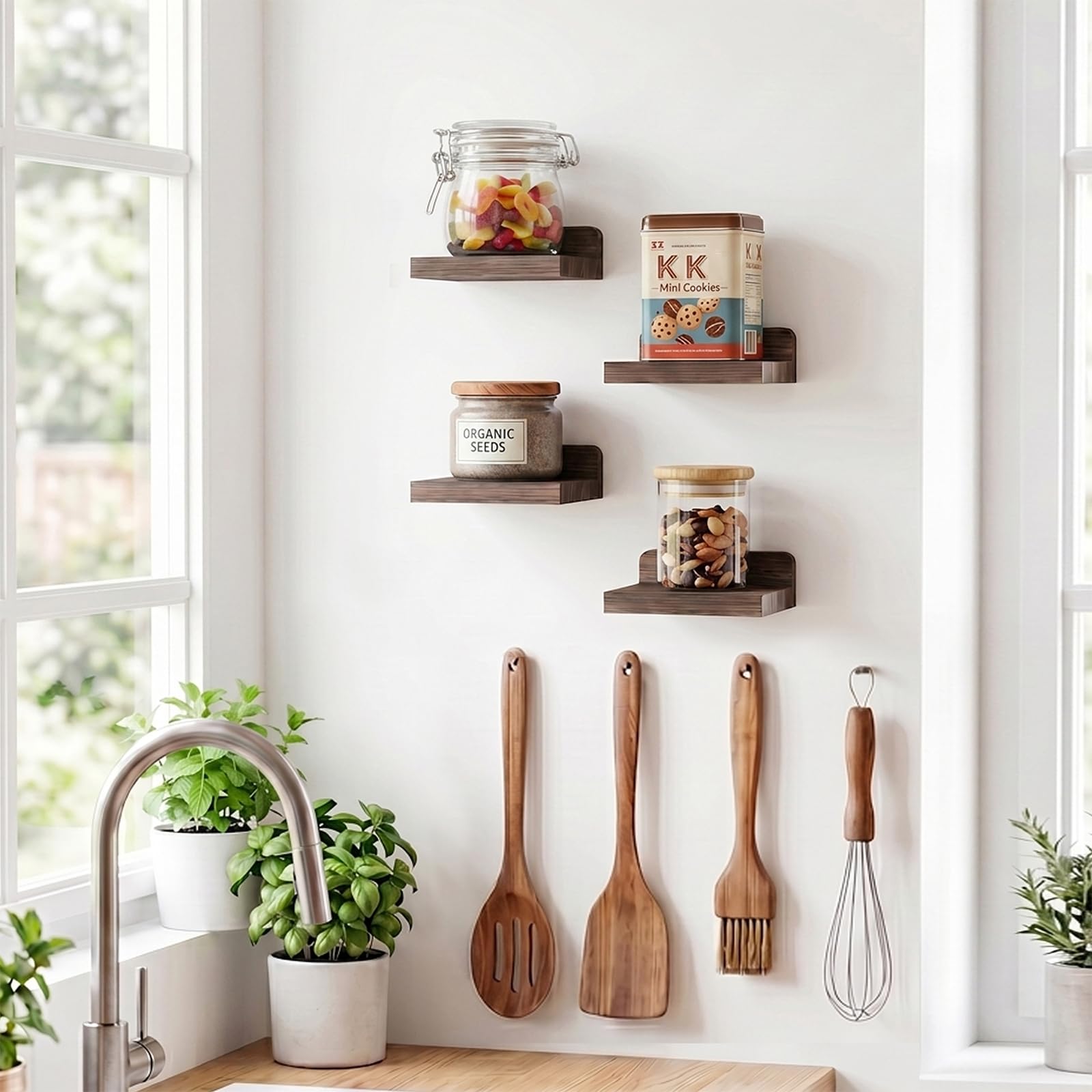 Fixwal Wall Shelves, 5x5 Inches Small Floating Shelf, Rustic Wood Wall Mounted Shelves for Bedroom, Living Room, Kitchen, Bathroom Decor (Set of 4, Black)