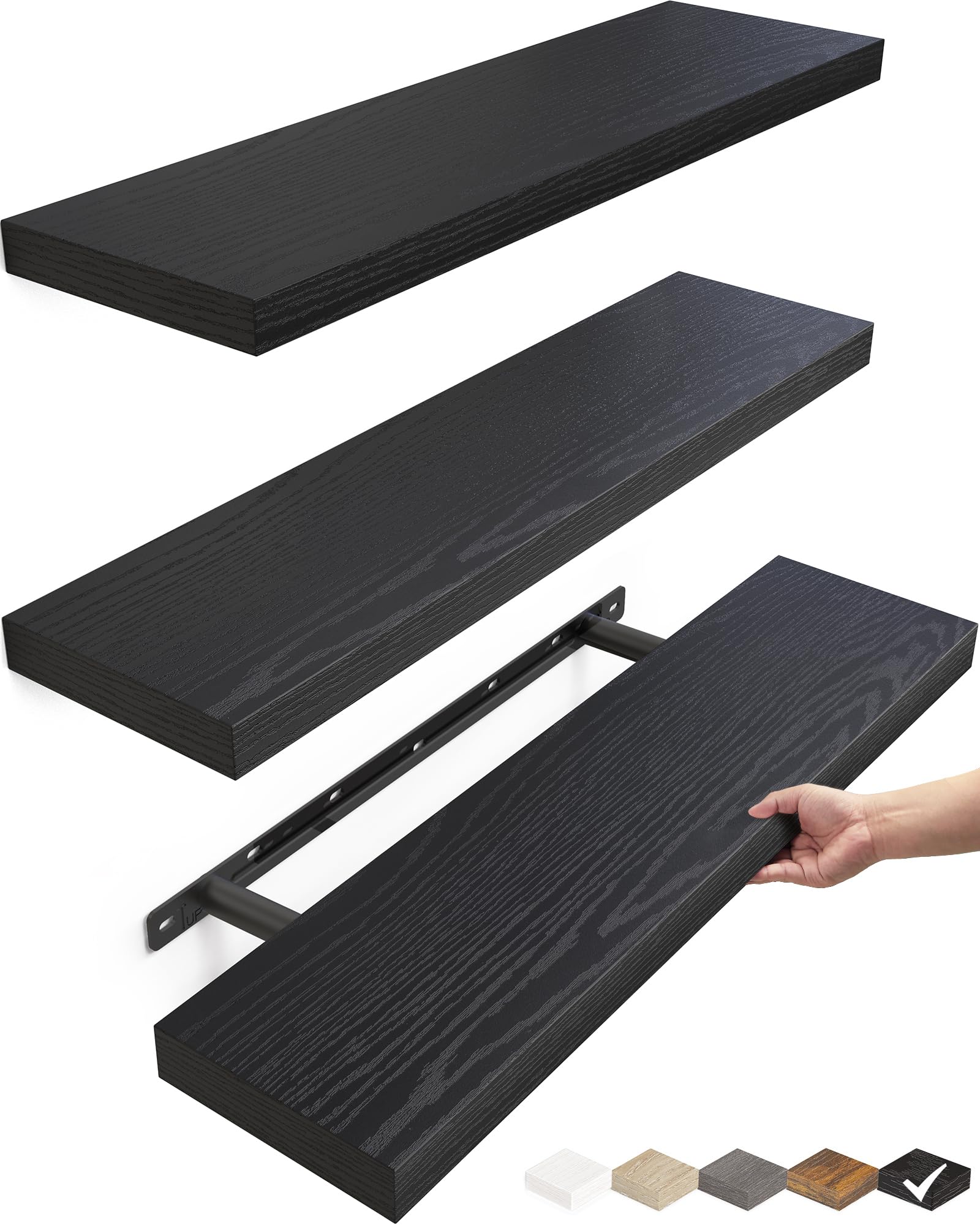 BAYKA Floating Shelves for Wall, Wall Mounted Rustic Wood Shelves for Bathroom, Bedroom, Living Room, Kitchen, Hanging Shelf for Books/Storage/Room Decor with 22lbs Capacity (Black, Set of 3, 15.7in)