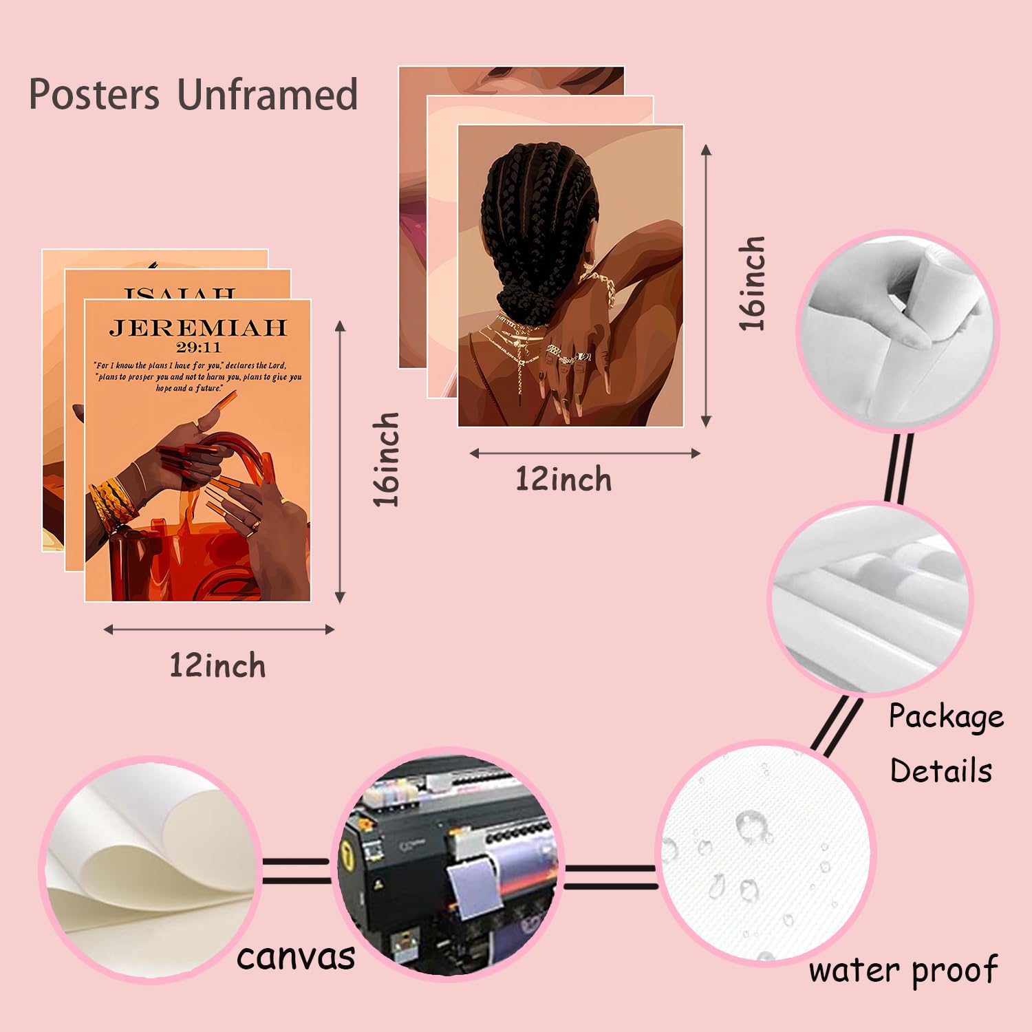 Black Girl Pink Wall Art Aesthetic Set of 3, African American Black Women Canvas Posters Fashion Black Girl Wall Pictures Prints Home Decor，Living Room， Bedroom ，Bathroom Decoration ，12x16In Unframed