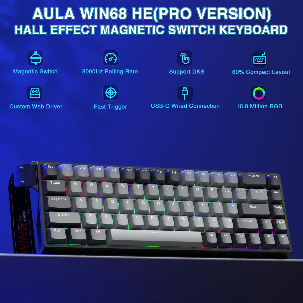 AULA WIN68 HE Mechanical Gaming Keyboard 60%, Hall Effect Magnetic Switch, Fast Trigger Mode Adjustable Actuation, 8000Hz Polling Rate, RGB Backlit, Wired Black Keyboard for Laptop/PC Gamer