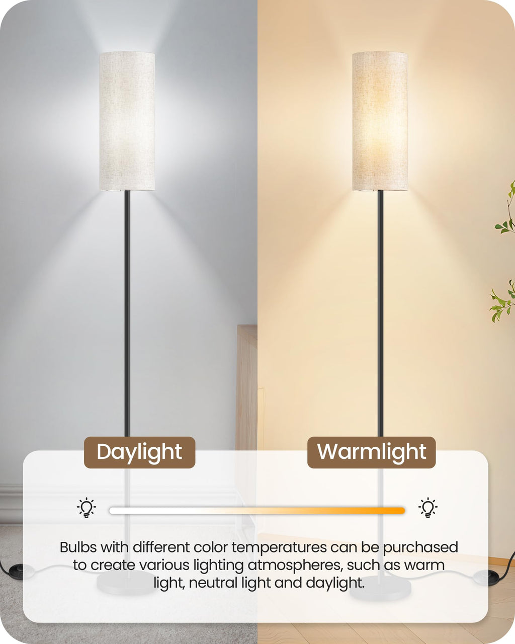 2 Pack Floor Lamp, Pole Lamp with Foot Switch, Modern Standing Lamp Lampshade, Minimalist Freestanding Lamp (Bulb Not Included), for Living Room, Bedroom Office, Black and Beige E07LDP205