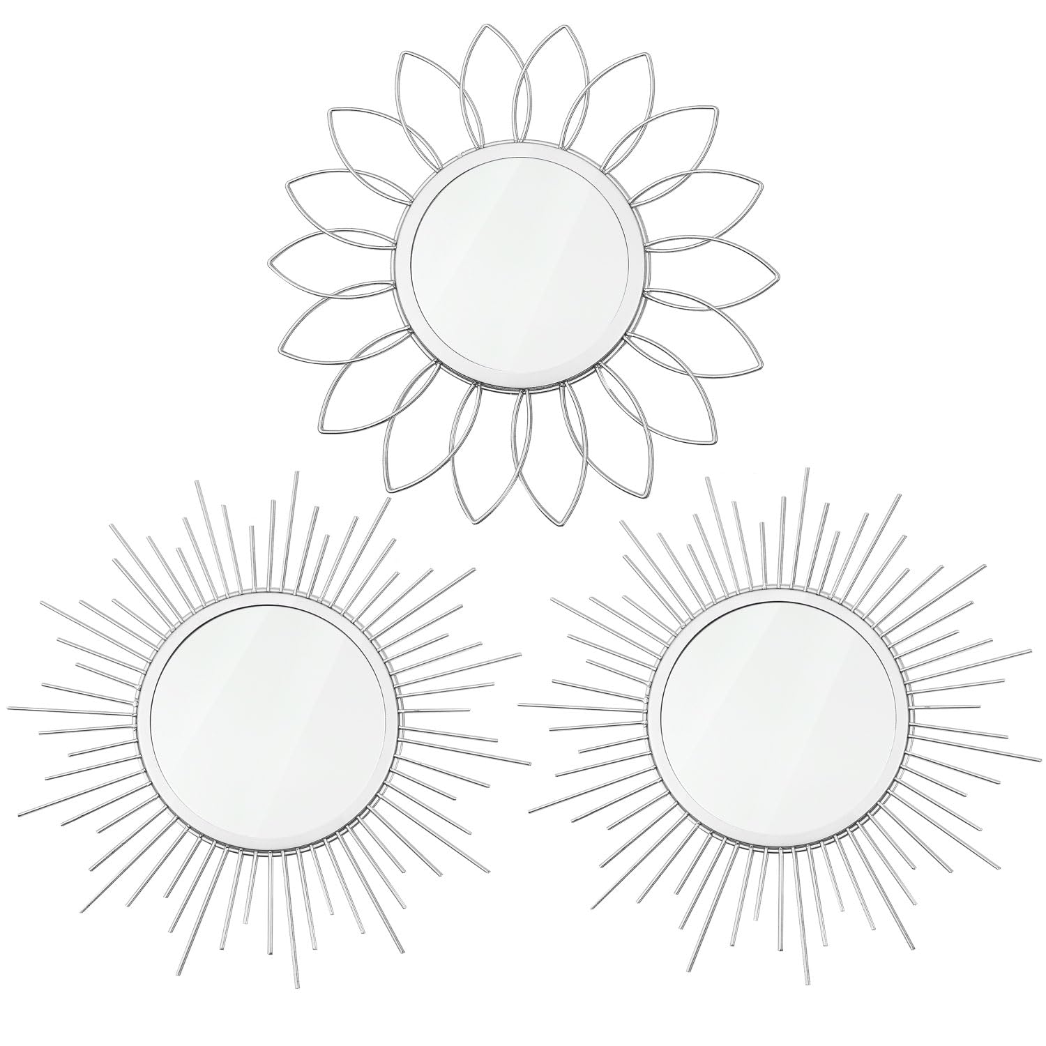 3 Pack Metal Mirrors for Wall Sunburst Wall Mirrors Home Décor Decorative Hanging Wall Art for Living Room Bedroom Entryway (Gold, Flower+Sunburst)
