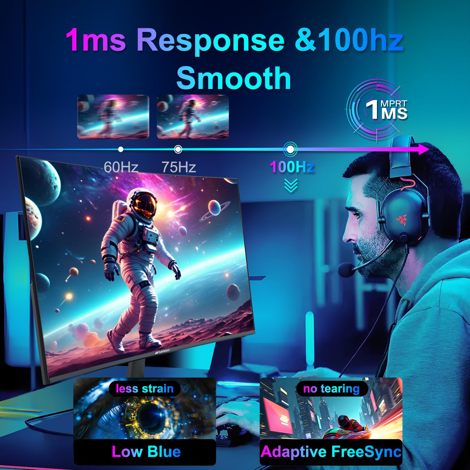 SANSUI 27 Inch Curved 240Hz Gaming Monitor FHD 1080P, 1500R Curve Computer Monitor, 130% sRGB, 4000:1 Contrast, HDR, FreeSync, MPRT 1Ms, Low Blue Light, HDMI DP Ports, Metal Stand, DP Cable Incl.