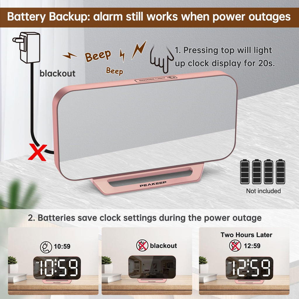 Peakeep Slim Digital Mirror Aesthetic Alarm Clock for Bedrooms Desk Decor - Plug in Electric Big LED Modern Small Clock for Office Living Room, Battery Backup, 6 Dimmers (Gold)