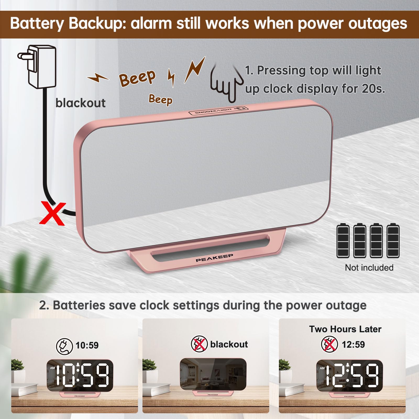 Peakeep Slim Digital Mirror Aesthetic Alarm Clock for Bedrooms Desk Decor - Plug in Electric Big LED Modern Small Clock for Office Living Room, Battery Backup, 6 Dimmers (Gold)