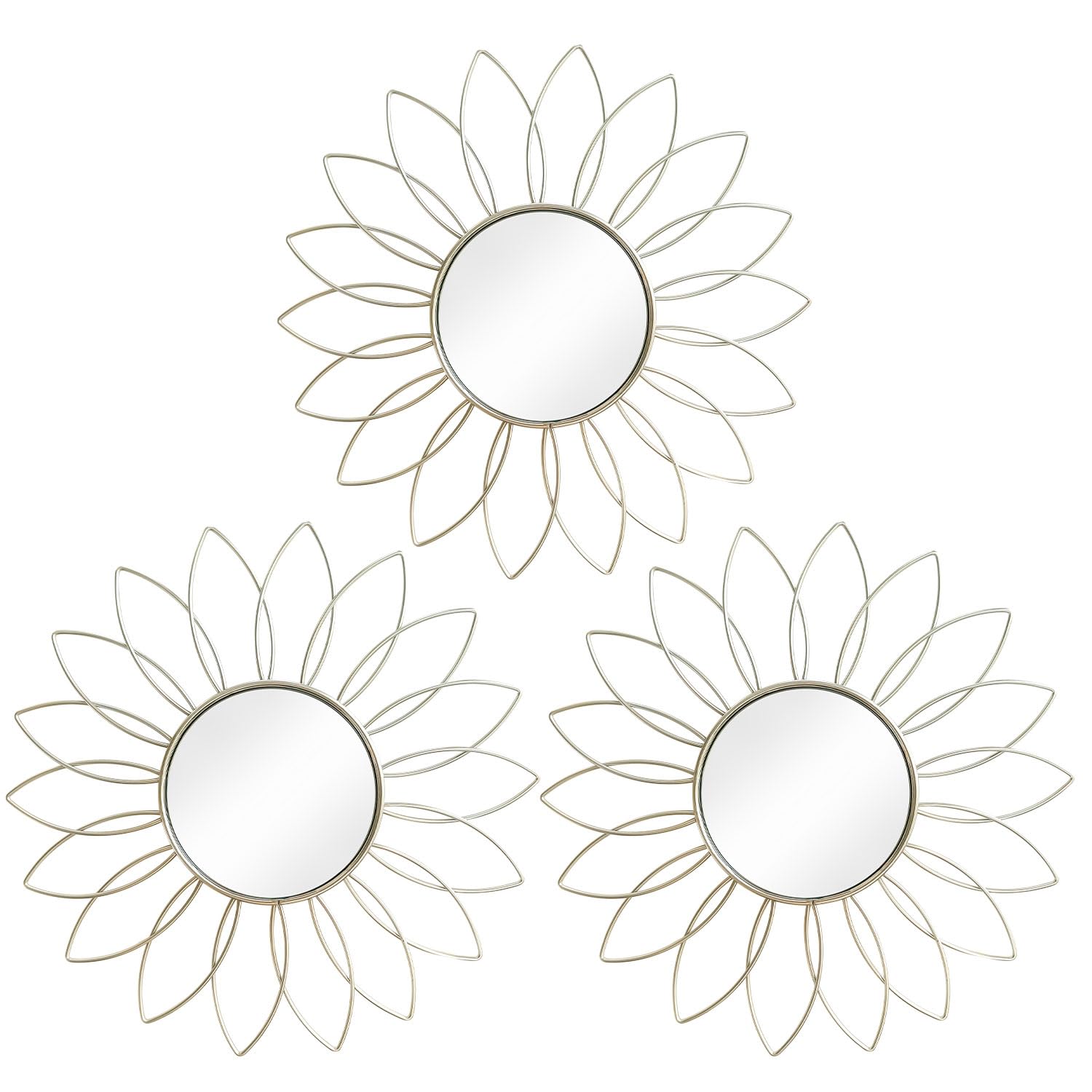 3 Pack Metal Mirrors for Wall Sunburst Wall Mirrors Home Décor Decorative Hanging Wall Art for Living Room Bedroom Entryway (Gold, Flower+Sunburst)