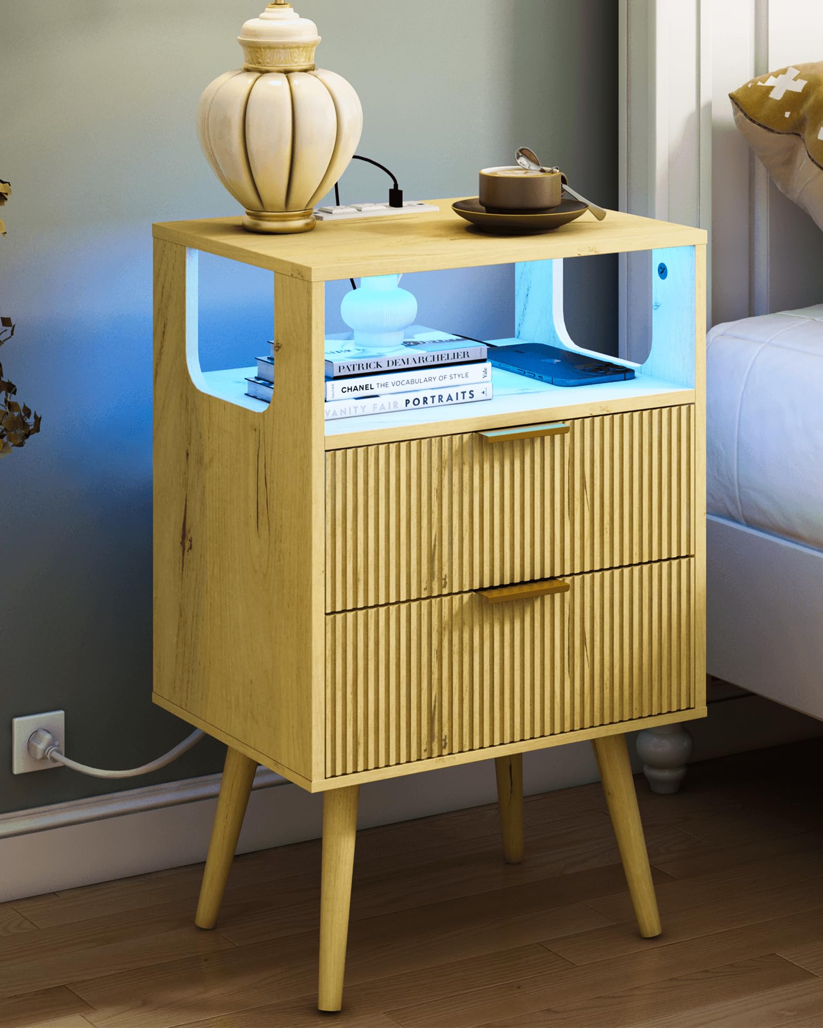 JOONEE Black Nightstand with Charging Station and LED Lights,Modern Bedside Table with 2 Storage Drawer and Open Wood Shelf, for Bedroom and Small Spaces,Night Stand with Solid Wood Legs,Black