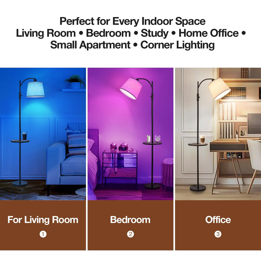 AIDENOEY Fully Dimmable Floor Lamp for Living Room，Standing Lamp Rotary Switch with Table&Linen Beige Shade，Golden Tall Lamps for Bedroom with Adjust Head，9W LED Bulb Included