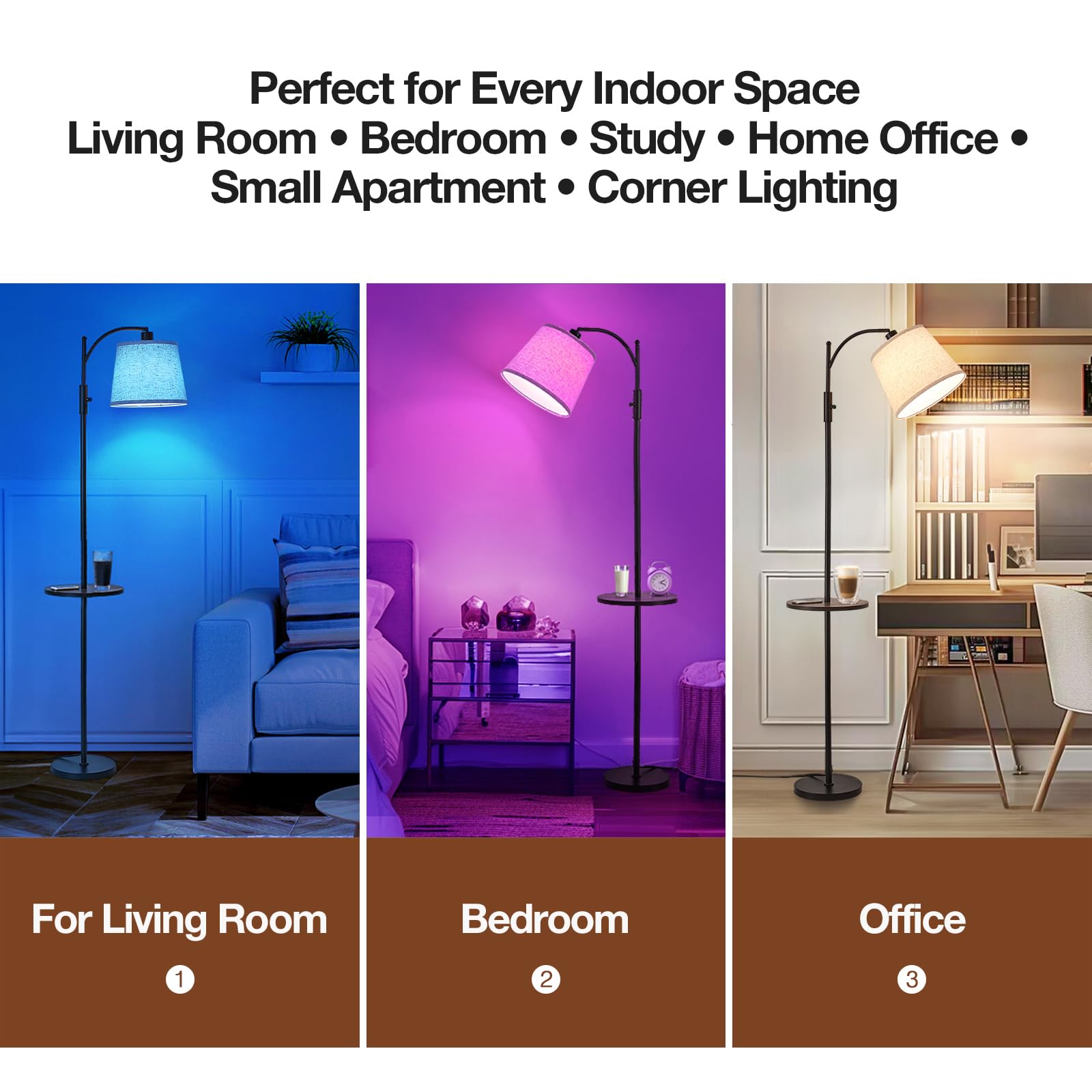 AIDENOEY Fully Dimmable Floor Lamp for Living Room，Standing Lamp Rotary Switch with Table&Linen Beige Shade，Golden Tall Lamps for Bedroom with Adjust Head，9W LED Bulb Included
