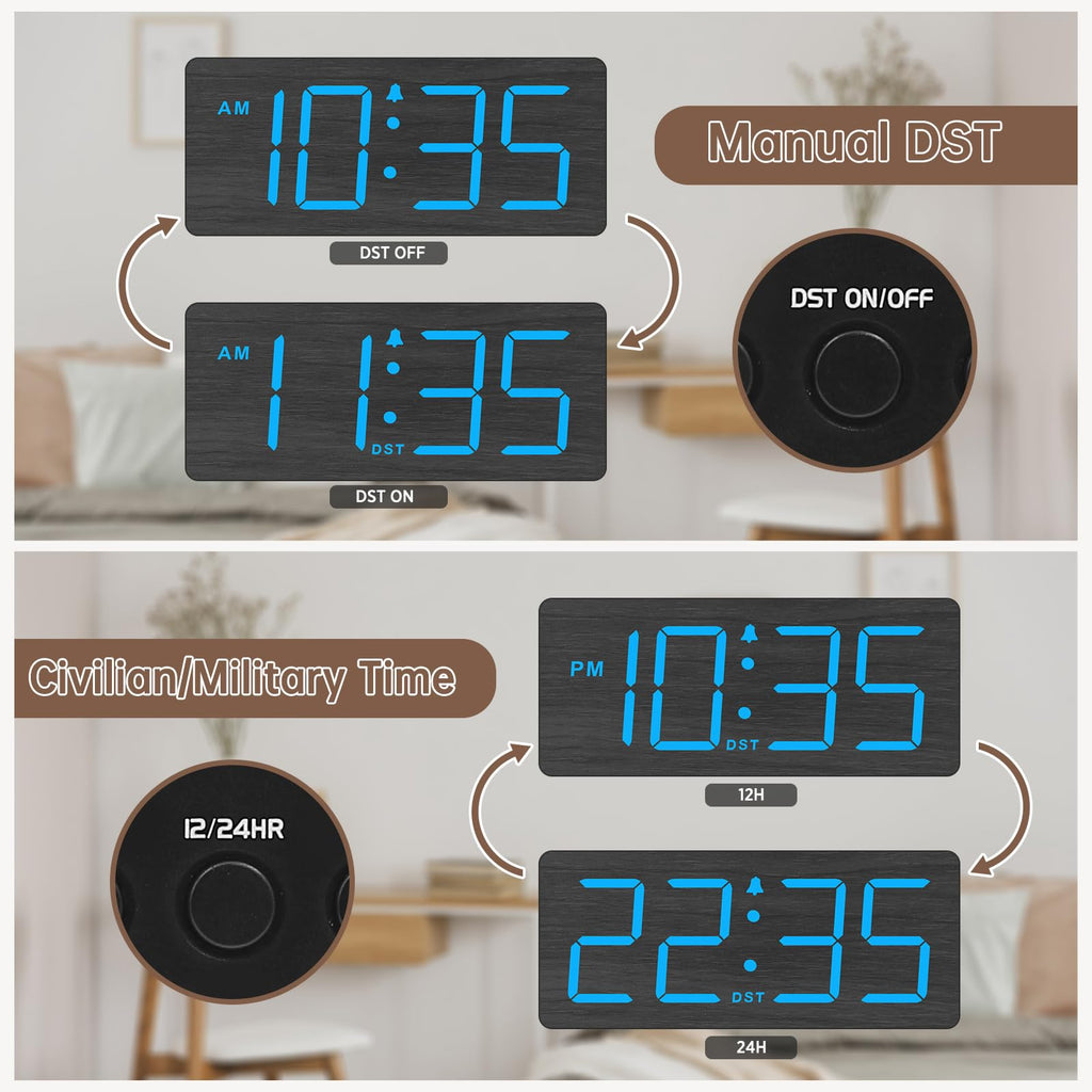 DreamSky Wooden Digital Alarm Clock for Bedroom - Desk Clock for Living Room with Large Numbers, Dimmer, Loud Alarm for Heavy Sleepers with Volume Control, DST, Office Wood Decor (Plug in Clock)