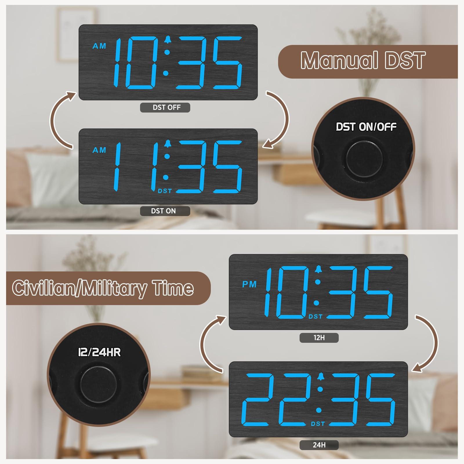 DreamSky Wooden Digital Alarm Clock for Bedroom - Desk Clock for Living Room with Large Numbers, Dimmer, Loud Alarm for Heavy Sleepers with Volume Control, DST, Office Wood Decor (Plug in Clock)