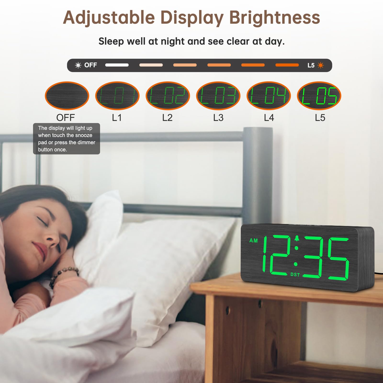 DreamSky Wooden Digital Alarm Clock for Bedroom - Desk Clock for Living Room with Large Numbers, Dimmer, Loud Alarm for Heavy Sleepers with Volume Control, DST, Office Wood Decor (Plug in Clock)