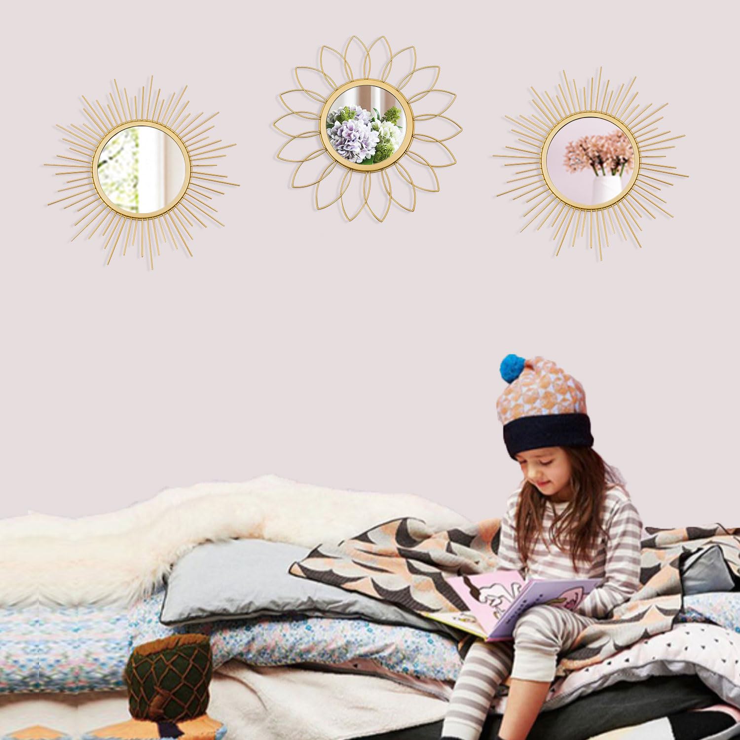 3 Pack Metal Mirrors for Wall Sunburst Wall Mirrors Home Décor Decorative Hanging Wall Art for Living Room Bedroom Entryway (Gold, Flower+Sunburst)