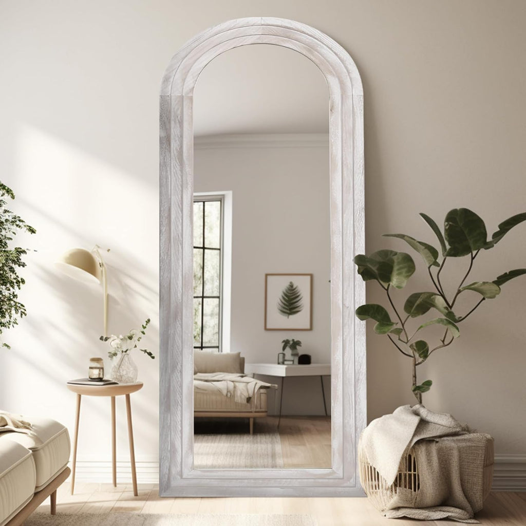ZHUNFA Arched Full Length Mirror with Solid Wood Frame, 71x32 Farmhouse Wall Mounted Floor Mirror with Stand, Vertical Hanging, Leaning Standing for Bedroom, Living Room, Brown