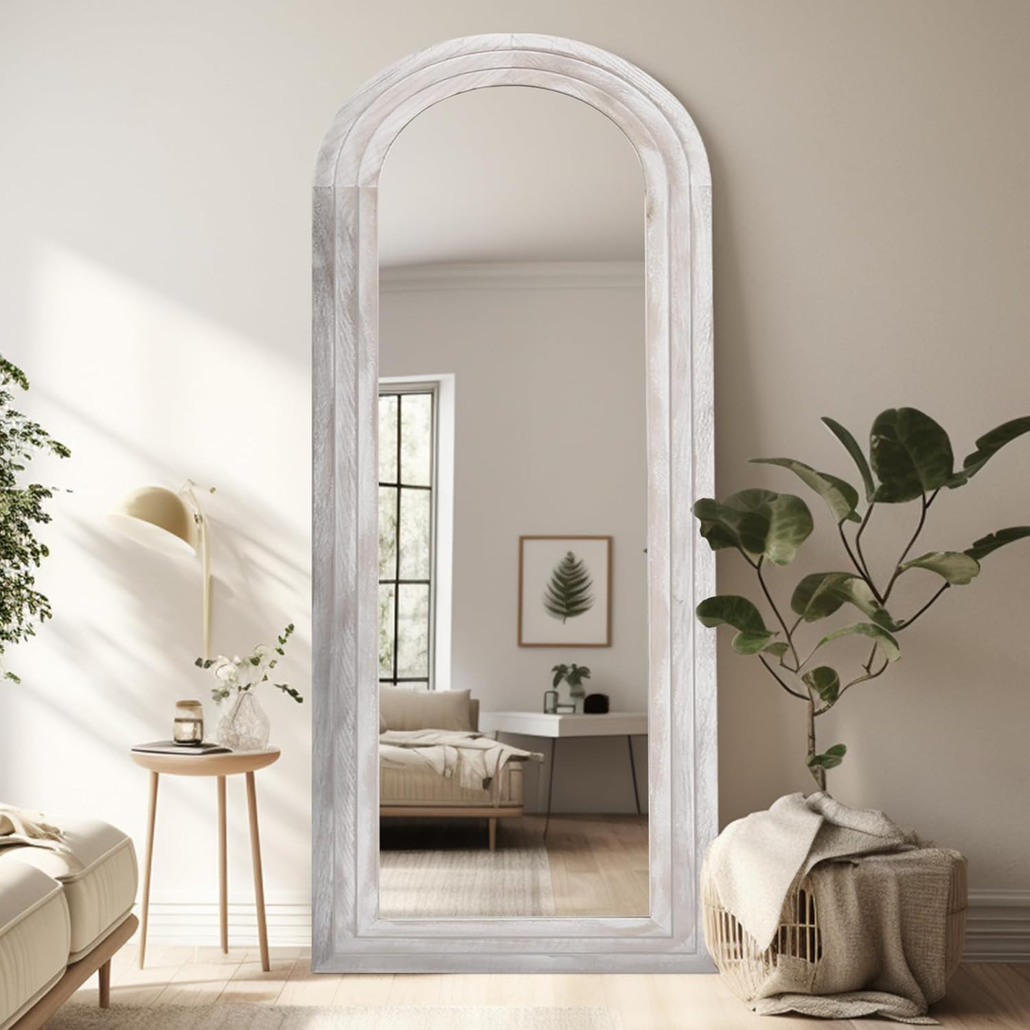 ZHUNFA Arched Full Length Mirror with Solid Wood Frame, 71x32 Farmhouse Wall Mounted Floor Mirror with Stand, Vertical Hanging, Leaning Standing for Bedroom, Living Room, Brown