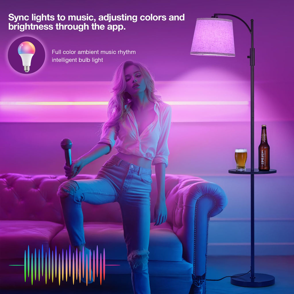 AIDENOEY Fully Dimmable Floor Lamp for Living Room，Standing Lamp Rotary Switch with Table&Linen Beige Shade，Golden Tall Lamps for Bedroom with Adjust Head，9W LED Bulb Included