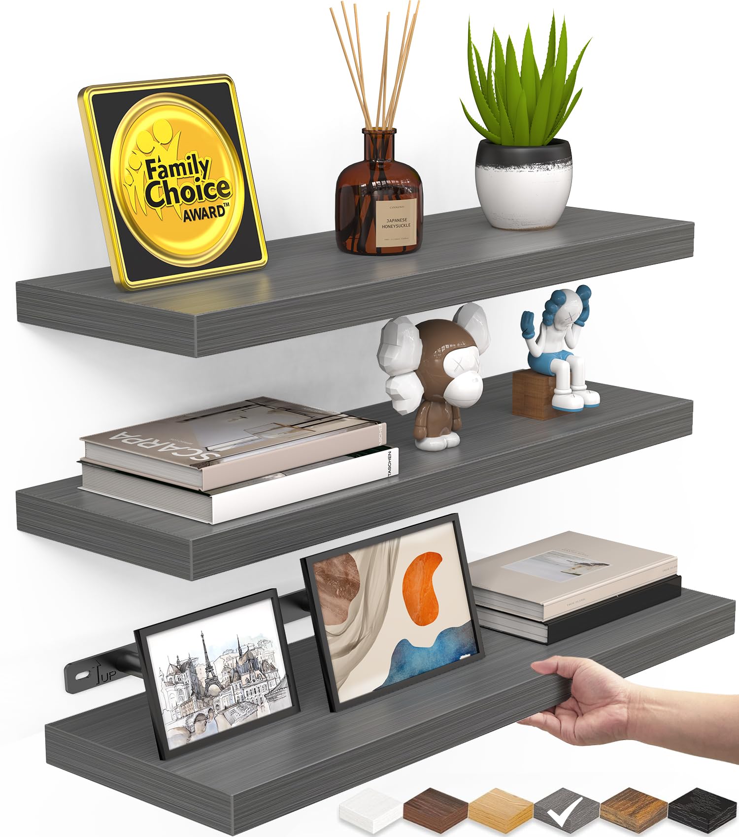 BAYKA Floating Shelves for Wall, Wall Mounted Rustic Wood Shelves for Bathroom, Bedroom, Living Room, Kitchen, Hanging Shelf for Books/Storage/Room Decor with 22lbs Capacity (Black, Set of 3, 15.7in)