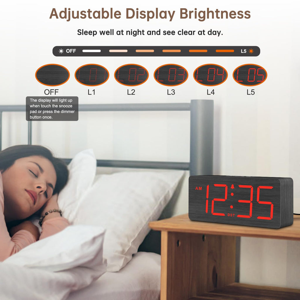 DreamSky Wooden Digital Alarm Clock for Bedroom - Desk Clock for Living Room with Large Numbers, Dimmer, Loud Alarm for Heavy Sleepers with Volume Control, DST, Office Wood Decor (Plug in Clock)