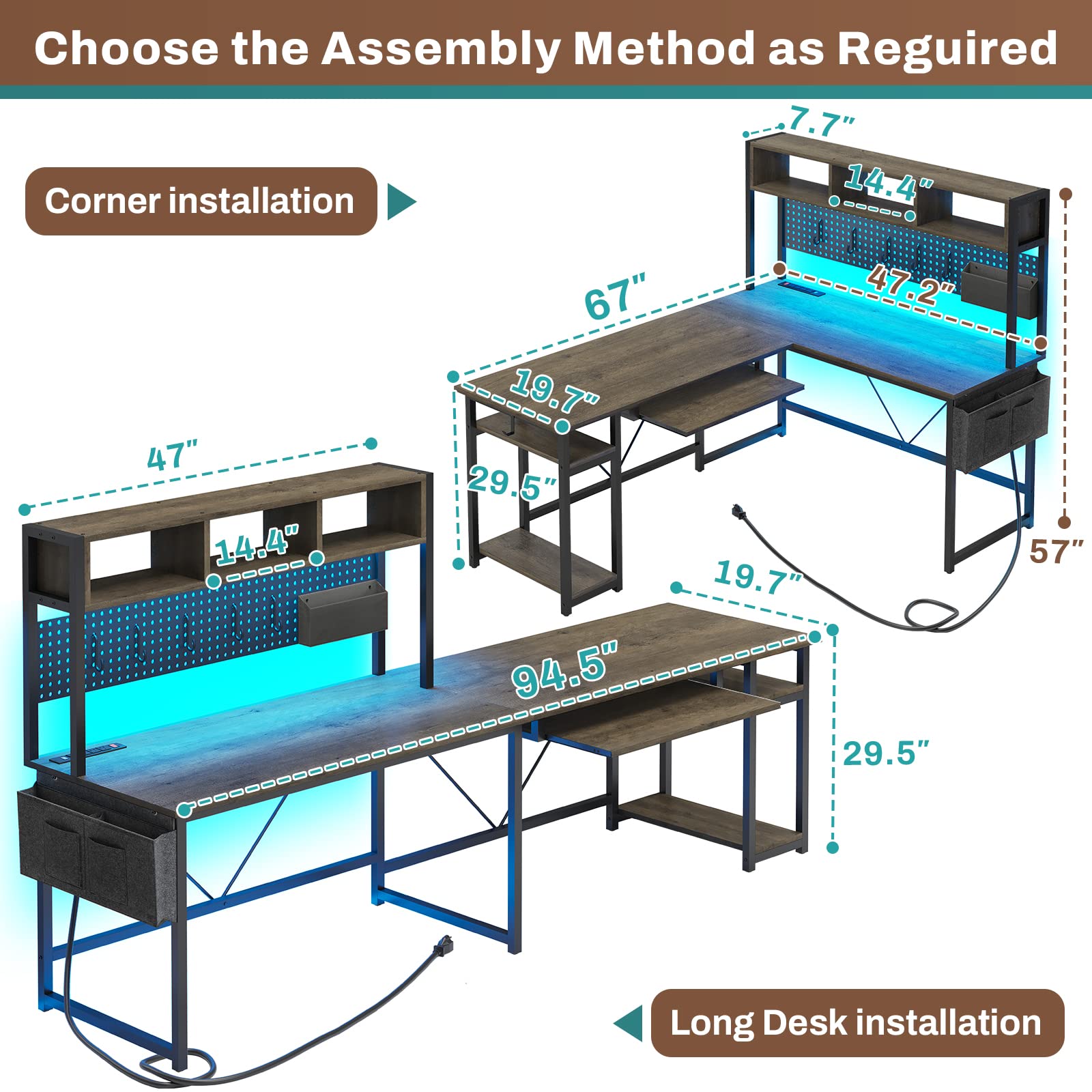 SEDETA L Shaped Gaming Desk, Reversible Computer Desk with Power Outlet and Pegboard, Gaming Desk with Led Lights, Keyboard Tray and Storage Bag for Home Office, Black