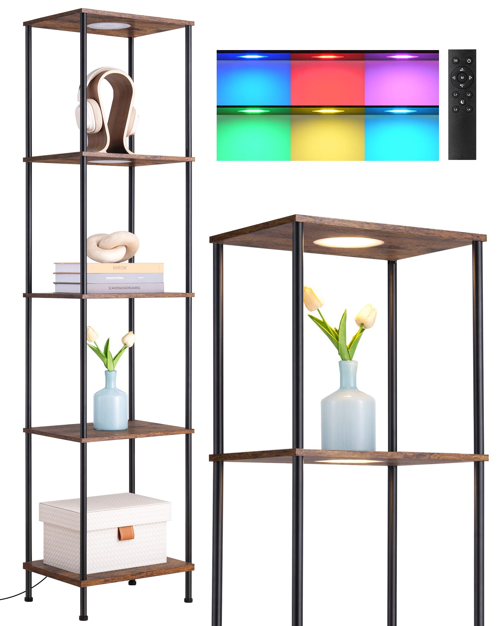 EDISHINE RGBW Modern Floor Lamp, 5-Tier Display Shelf with Light, Adjustable Brightness & Color Temperature, 3 Lighting Modes, Remote Control, Stable Floor Lamps for Living Room, Bedroom, Study, Black