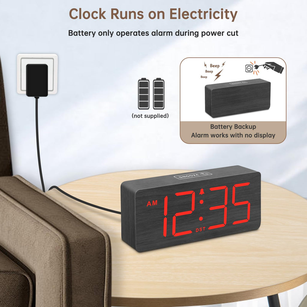 DreamSky Wooden Digital Alarm Clock for Bedroom - Desk Clock for Living Room with Large Numbers, Dimmer, Loud Alarm for Heavy Sleepers with Volume Control, DST, Office Wood Decor (Plug in Clock)