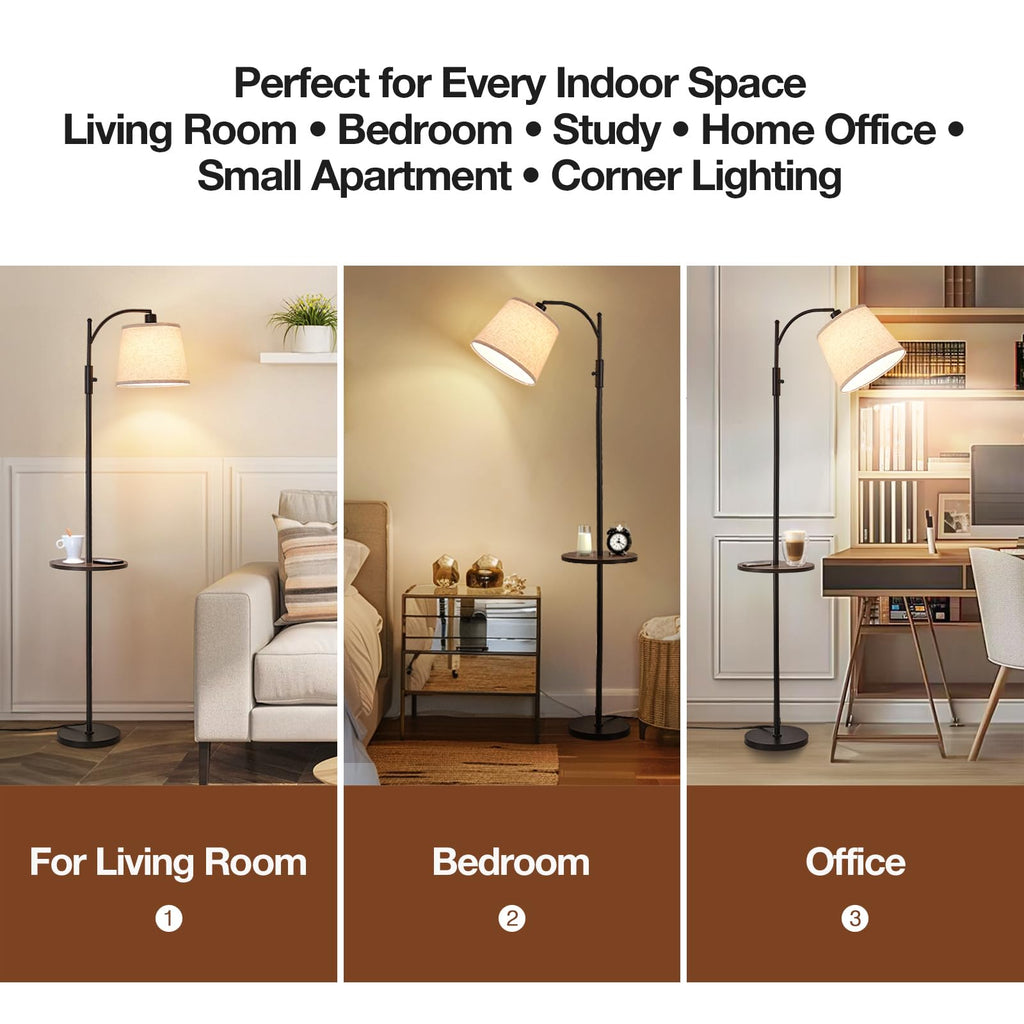 AIDENOEY Fully Dimmable Floor Lamp for Living Room，Standing Lamp Rotary Switch with Table&Linen Beige Shade，Golden Tall Lamps for Bedroom with Adjust Head，9W LED Bulb Included