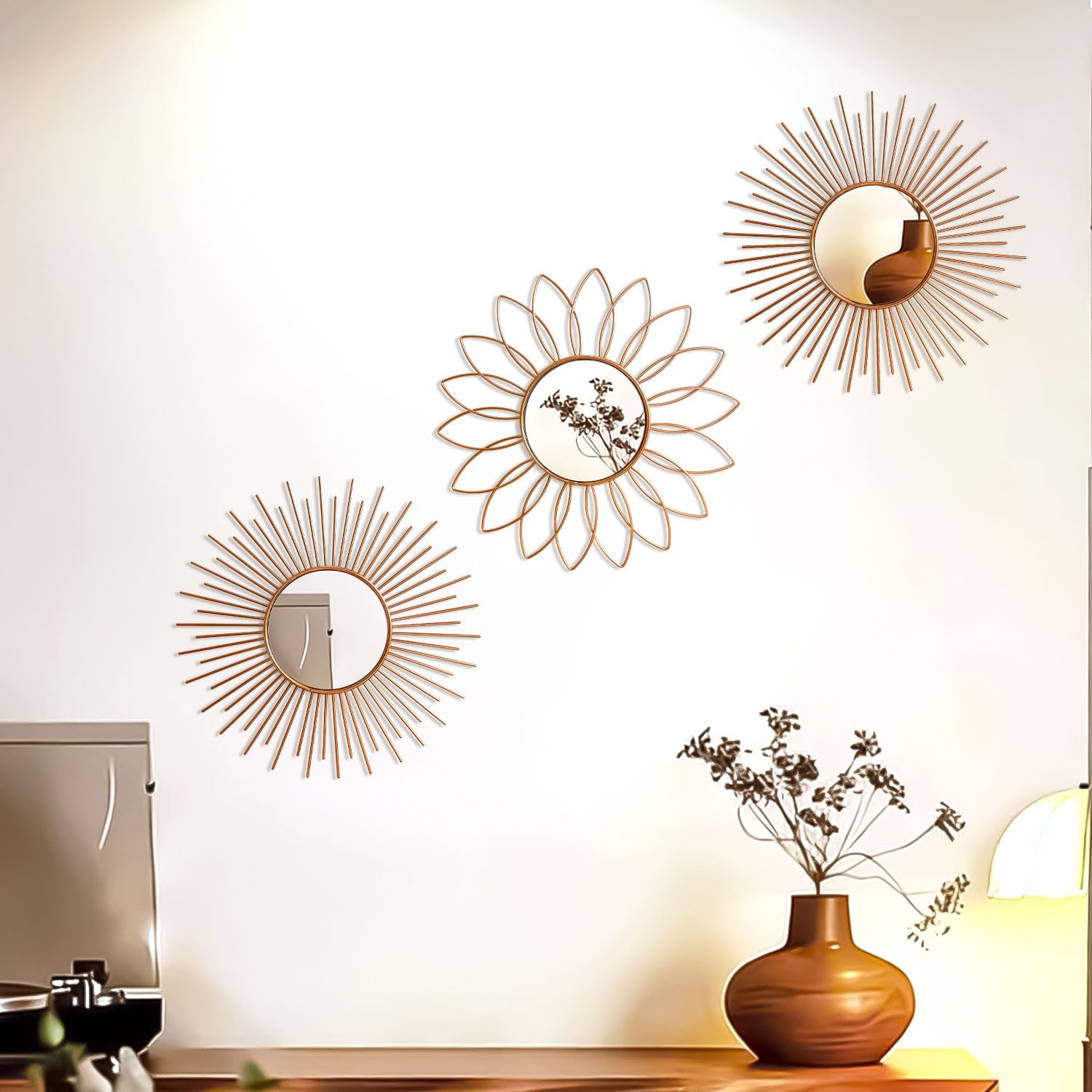 3 Pack Metal Mirrors for Wall Sunburst Wall Mirrors Home Décor Decorative Hanging Wall Art for Living Room Bedroom Entryway (Gold, Flower+Sunburst)