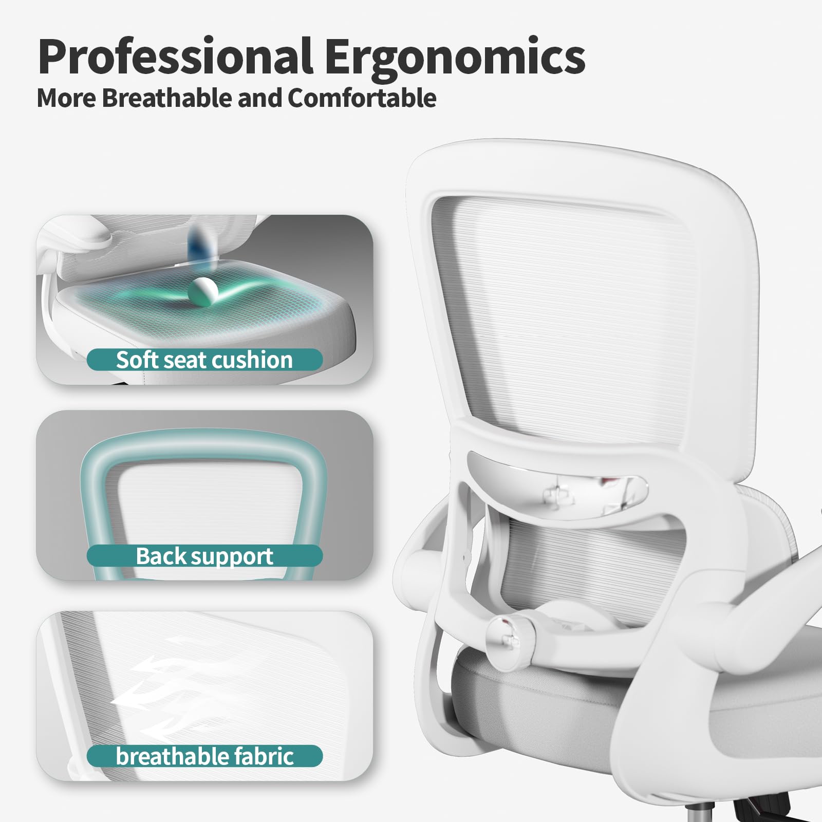 TRALT Office Chair - Ergonomic Desk Chair with Adjustable Lumbar Support, Mesh Computer Chair, Executive Chairs for Home Office Comfortable Lumbar Support (White)