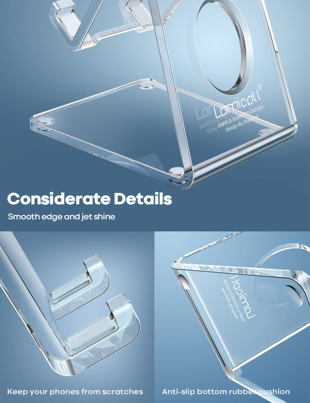 Lamicall Cell Phone Stand, Desk Accessories - Clear Office Cell Phone Holder, Acrylic Phone Stand, Desktop, Acrylic Office Desk Decor Accessories, Suitable for iPhone, 4-8'' Phone, Gifts