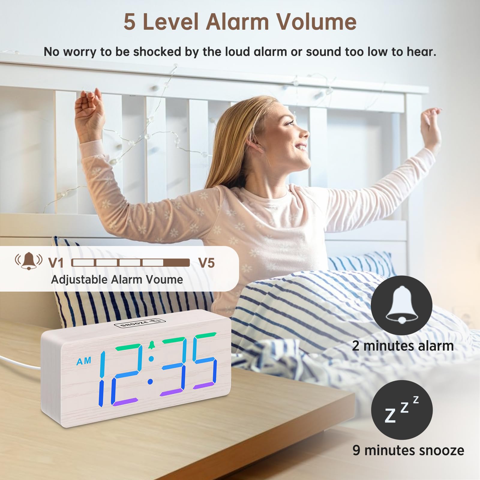 DreamSky Wooden Digital Alarm Clock for Bedroom - Desk Clock for Living Room with Large Numbers, Dimmer, Loud Alarm for Heavy Sleepers with Volume Control, DST, Office Wood Decor (Plug in Clock)