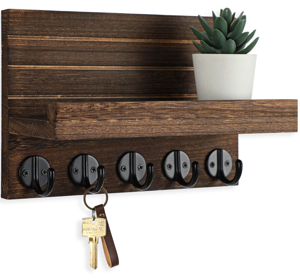 Lwenki Key Holder for Wall, Decorative Key and Mail Holder with Shelf Has Large Hooks for Bags, Coats, Umbrella – Paulownia Wood Key Hanger with Mounting Hardware (9.8”W x 6.7”H x 4.2”D)