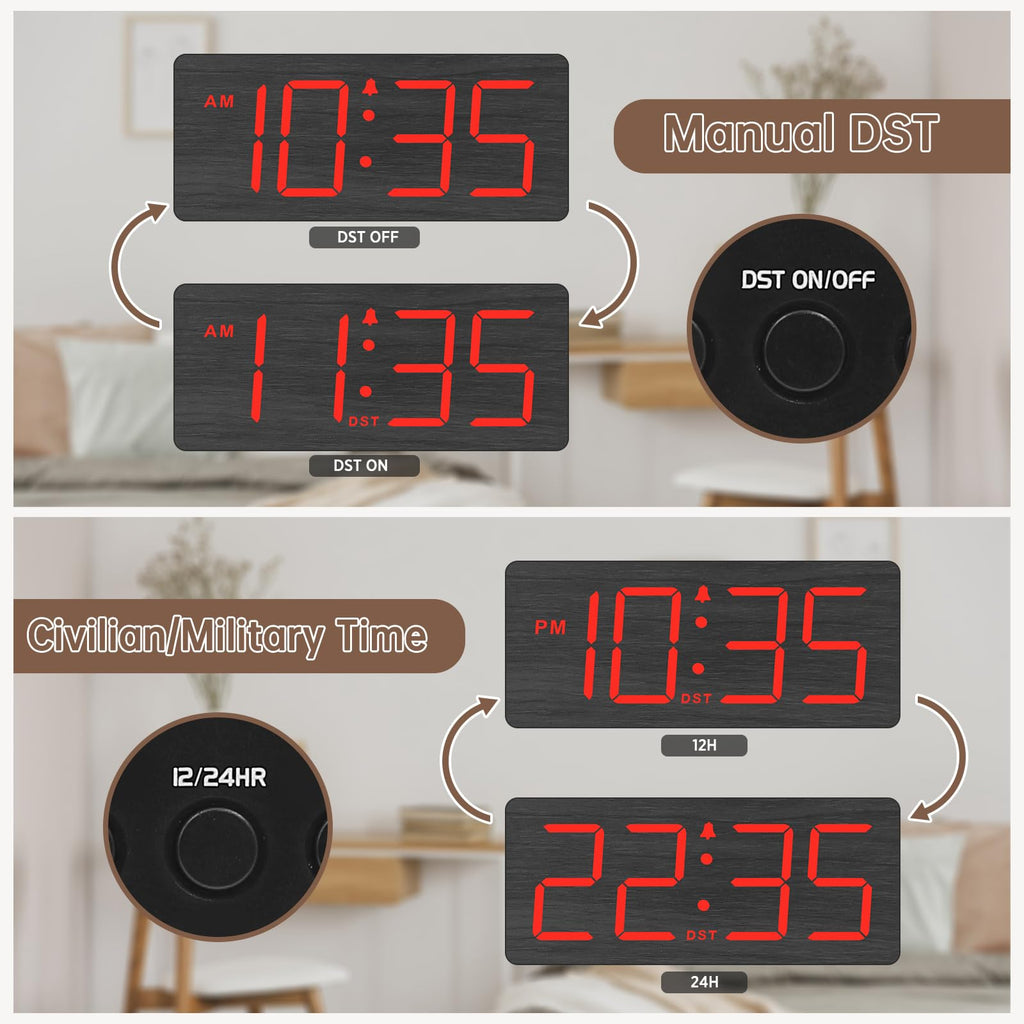 DreamSky Wooden Digital Alarm Clock for Bedroom - Desk Clock for Living Room with Large Numbers, Dimmer, Loud Alarm for Heavy Sleepers with Volume Control, DST, Office Wood Decor (Plug in Clock)
