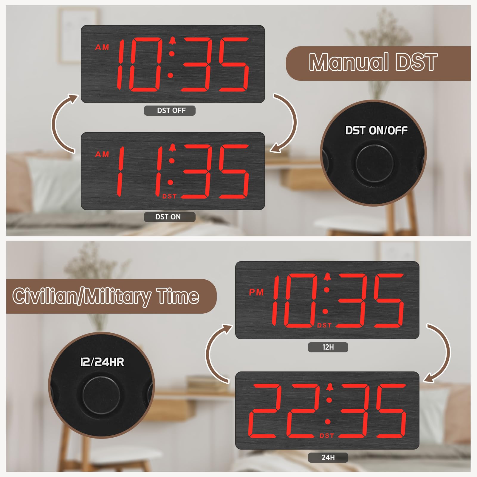 DreamSky Wooden Digital Alarm Clock for Bedroom - Desk Clock for Living Room with Large Numbers, Dimmer, Loud Alarm for Heavy Sleepers with Volume Control, DST, Office Wood Decor (Plug in Clock)