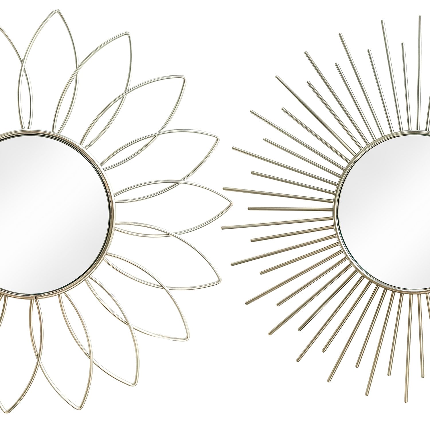 3 Pack Metal Mirrors for Wall Sunburst Wall Mirrors Home Décor Decorative Hanging Wall Art for Living Room Bedroom Entryway (Gold, Flower+Sunburst)