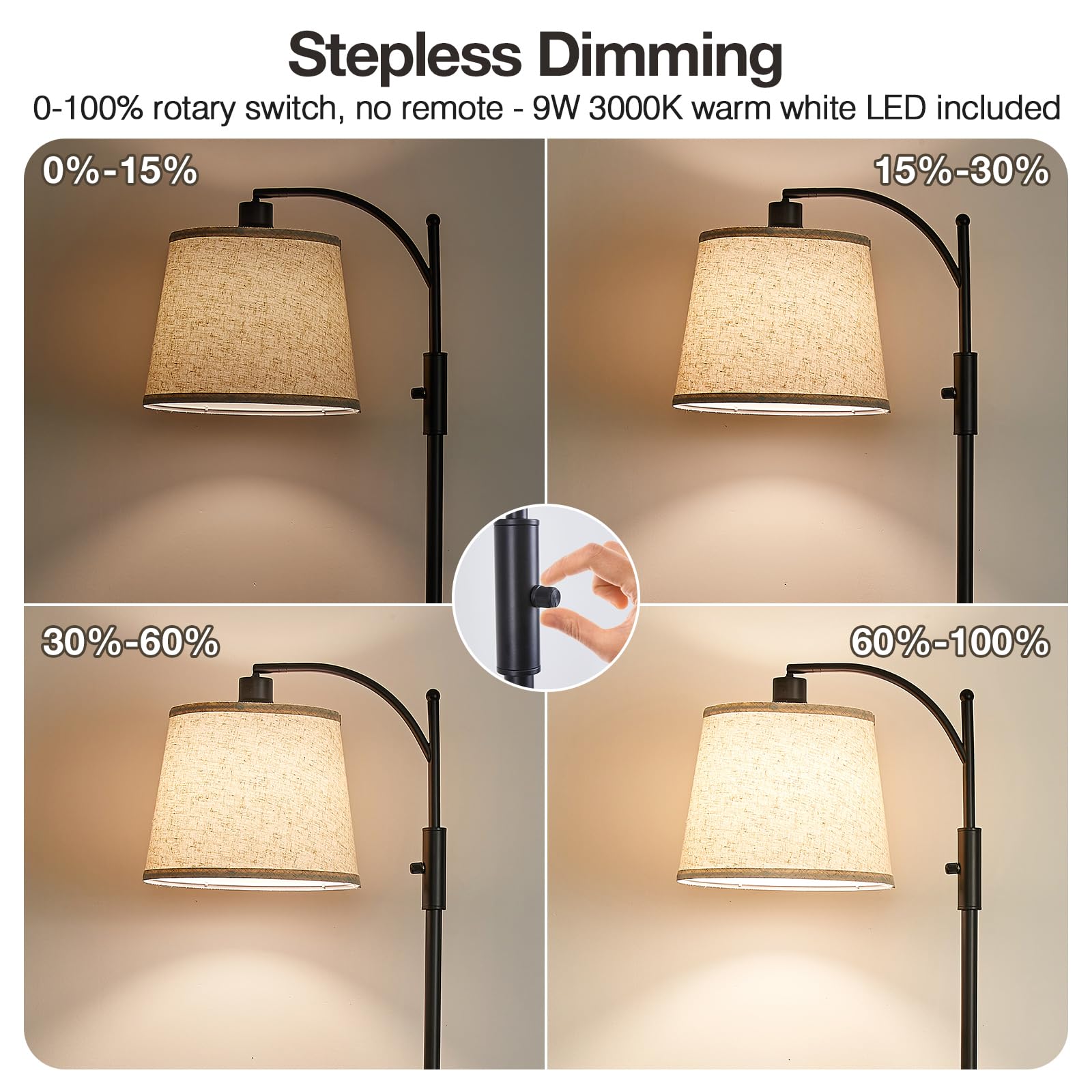 AIDENOEY Fully Dimmable Floor Lamp for Living Room，Standing Lamp Rotary Switch with Table&Linen Beige Shade，Golden Tall Lamps for Bedroom with Adjust Head，9W LED Bulb Included