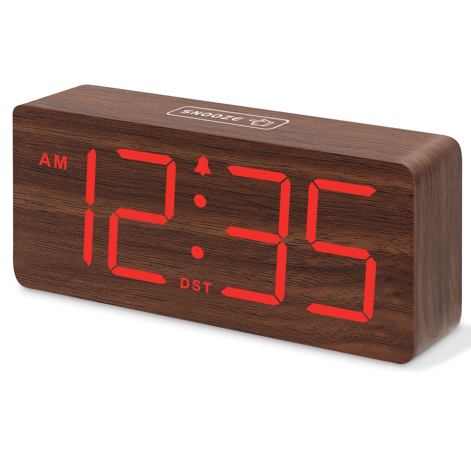 DreamSky Wooden Digital Alarm Clock for Bedroom - Desk Clock for Living Room with Large Numbers, Dimmer, Loud Alarm for Heavy Sleepers with Volume Control, DST, Office Wood Decor (Plug in Clock)