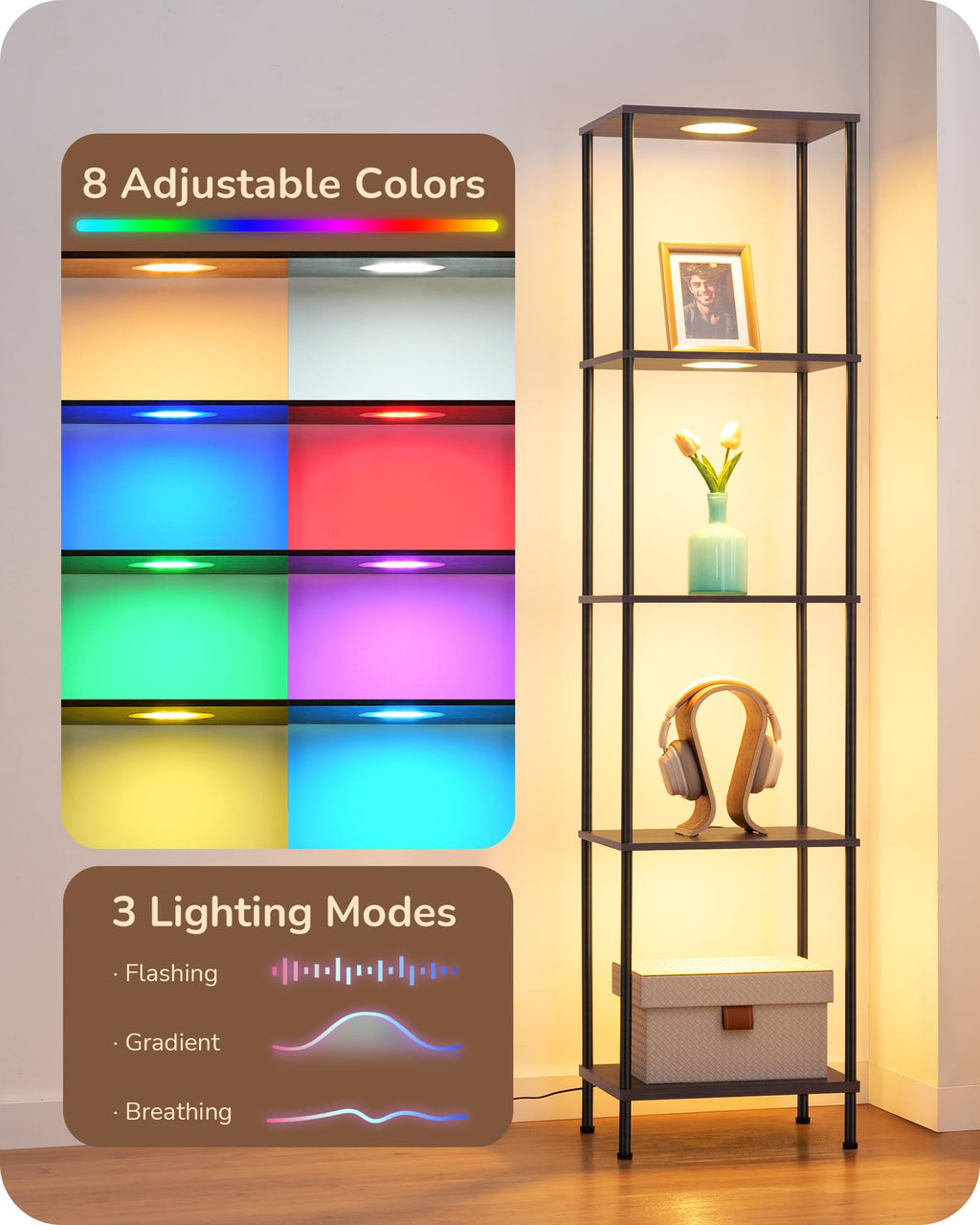 EDISHINE RGBW Modern Floor Lamp, 5-Tier Display Shelf with Light, Adjustable Brightness & Color Temperature, 3 Lighting Modes, Remote Control, Stable Floor Lamps for Living Room, Bedroom, Study, Black