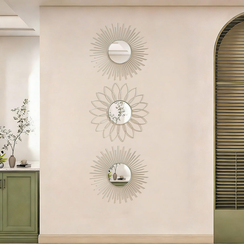 3 Pack Metal Mirrors for Wall Sunburst Wall Mirrors Home Décor Decorative Hanging Wall Art for Living Room Bedroom Entryway (Gold, Flower+Sunburst)