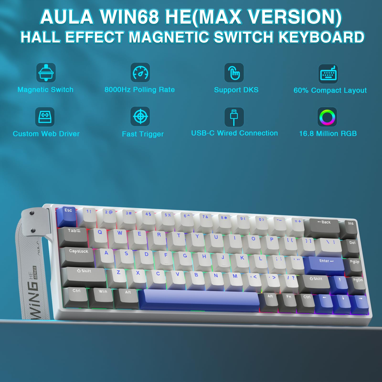 AULA WIN68 HE Mechanical Gaming Keyboard 60%, Hall Effect Magnetic Switch, Fast Trigger Mode Adjustable Actuation, 8000Hz Polling Rate, RGB Backlit, Wired Black Keyboard for Laptop/PC Gamer