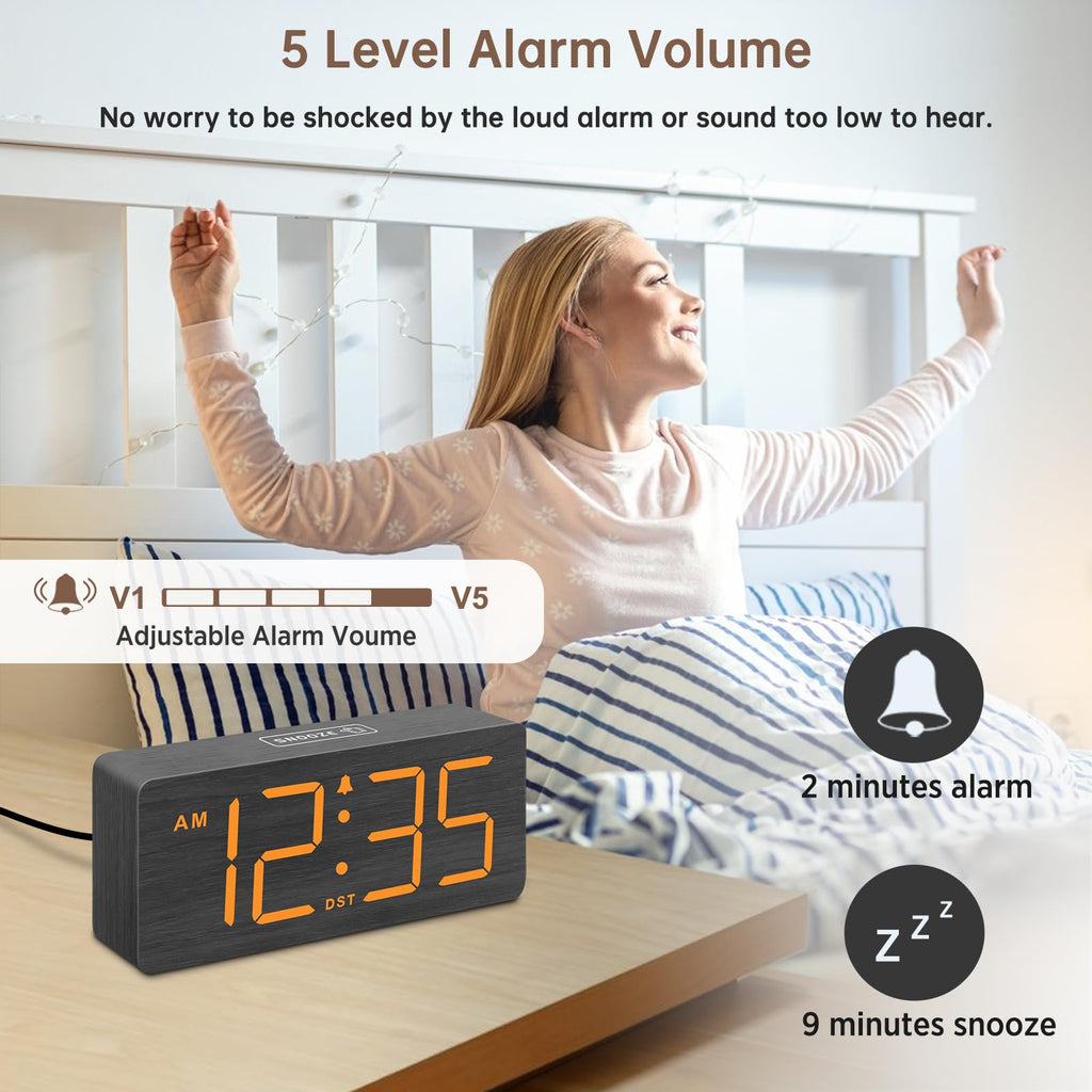 DreamSky Wooden Digital Alarm Clock for Bedroom - Desk Clock for Living Room with Large Numbers, Dimmer, Loud Alarm for Heavy Sleepers with Volume Control, DST, Office Wood Decor (Plug in Clock)