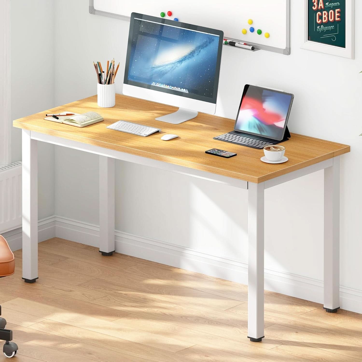 120cm Teak Wood White High Gloss Finish Desk Stability