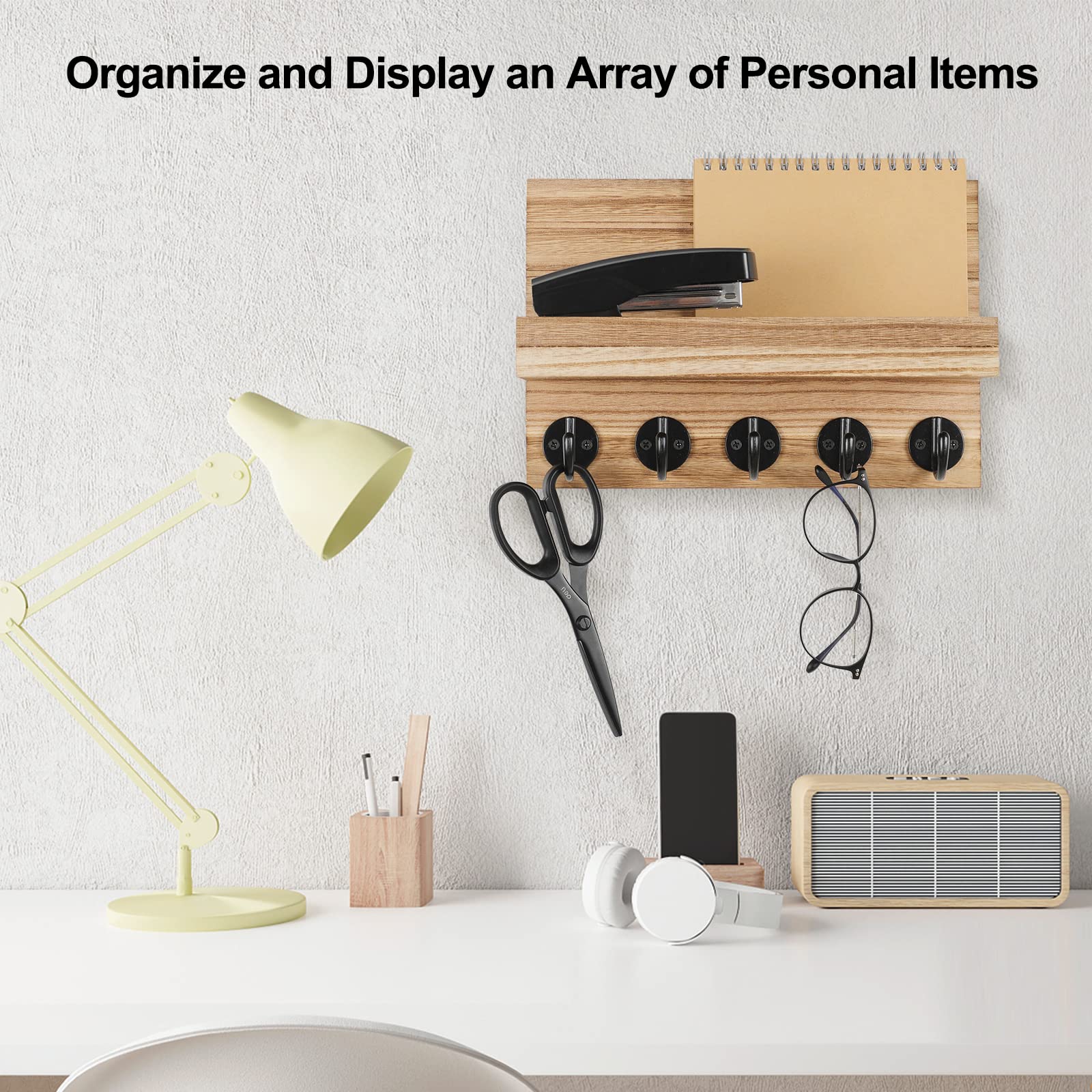 Lwenki Key Holder for Wall, Decorative Key and Mail Holder with Shelf Has Large Hooks for Bags, Coats, Umbrella – Paulownia Wood Key Hanger with Mounting Hardware (9.8”W x 6.7”H x 4.2”D)