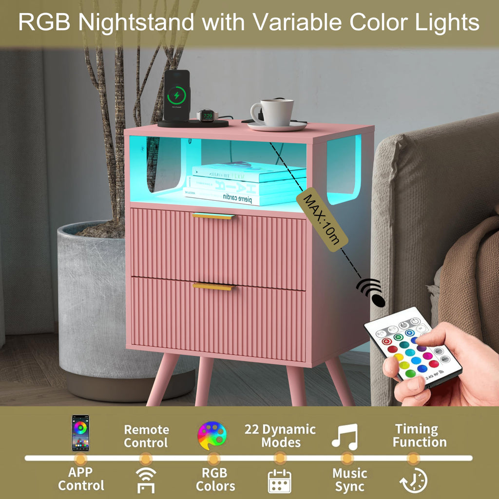 JOONEE Black Nightstand with Charging Station and LED Lights,Modern Bedside Table with 2 Storage Drawer and Open Wood Shelf, for Bedroom and Small Spaces,Night Stand with Solid Wood Legs,Black